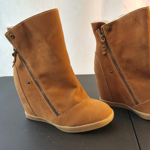 Call It Spring Shoes - Lined Brown Suede Winter Boots Wedge Heel